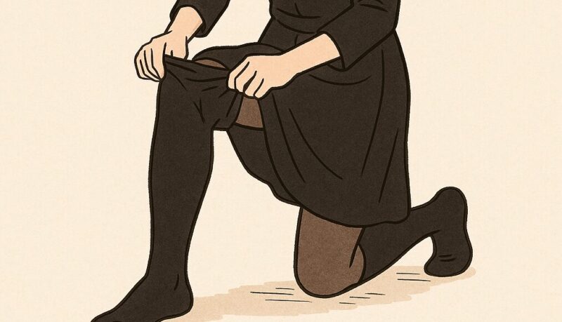 タイツを履く喪服を着た女性