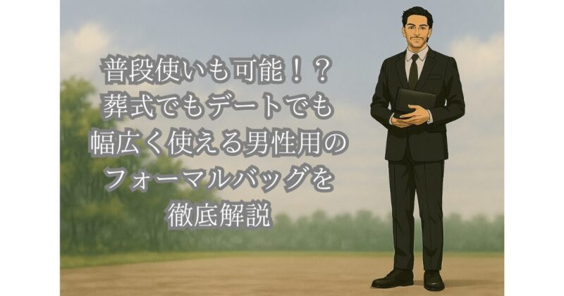 クラッチバッグを抱えている喪服を着た男性
