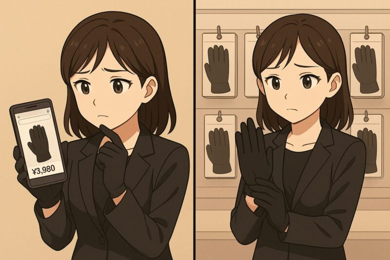 葬式用の手袋をどこで買おうか迷っている女性